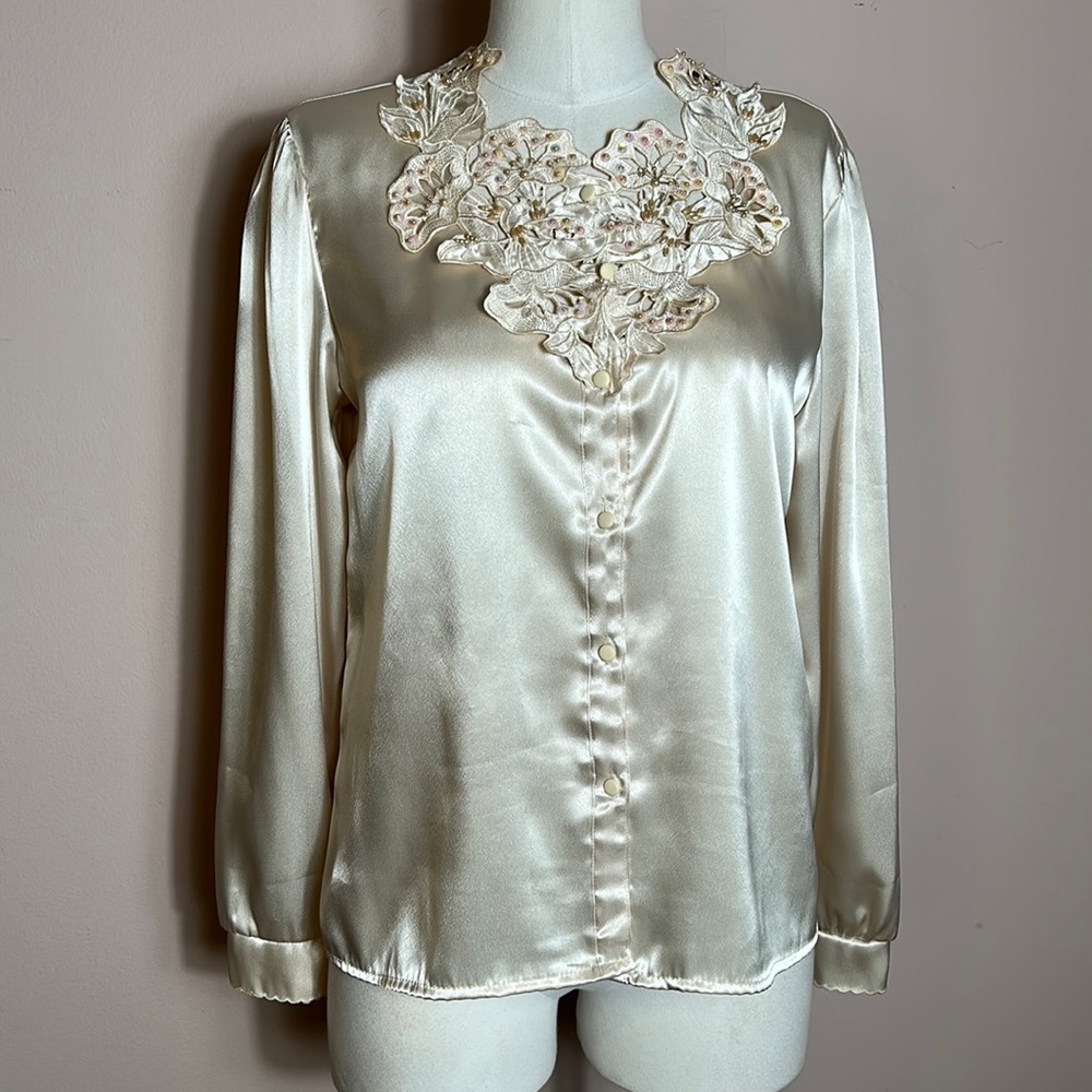 Vintage Mapsay Satin Embroidered Beaded Collar Long Sleeve Button Down Shirt M